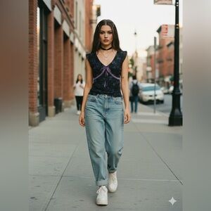 Y2K Contrast Lace Sleeveless Tie Front Mesh‎ Vintage Tee Top V-Neck Floral Sexy